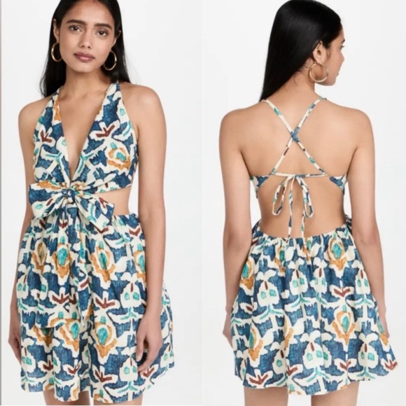 Charina Sarte Blue Ikat Bow Front Cut Out Tie Back Mini Dress XS - Picture 1 of 12